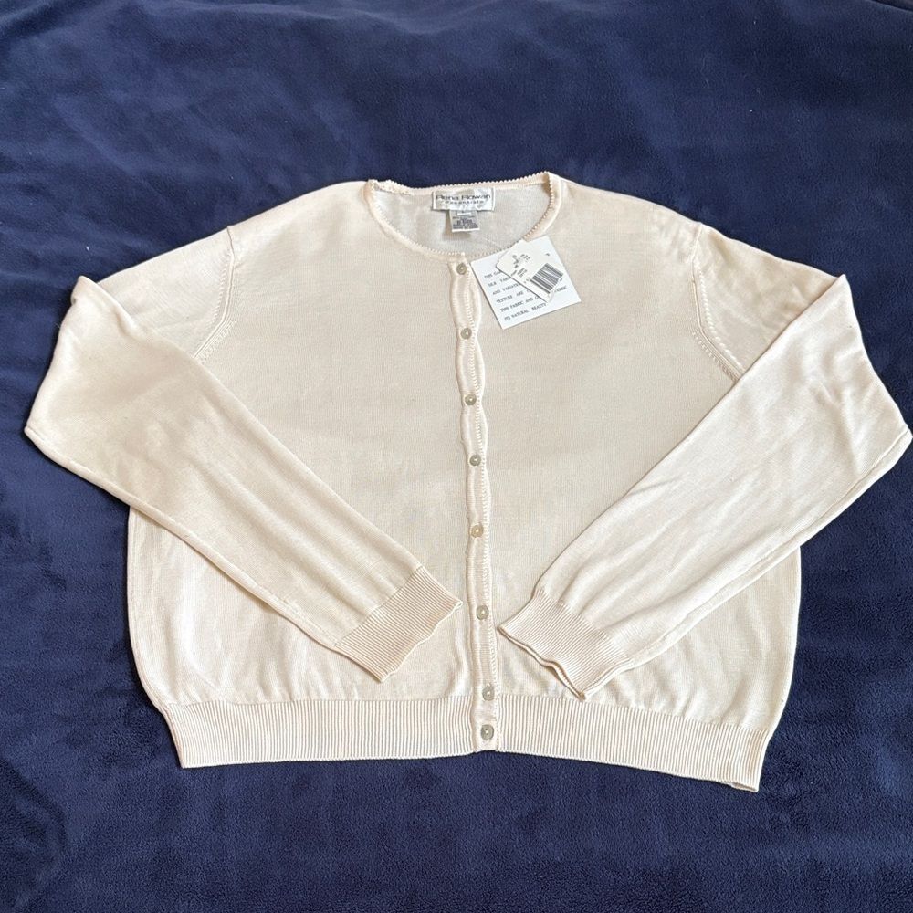 NWT Rena Rowan Essentials Ivory 100% Silk LS Lightweight Cardigan Size L